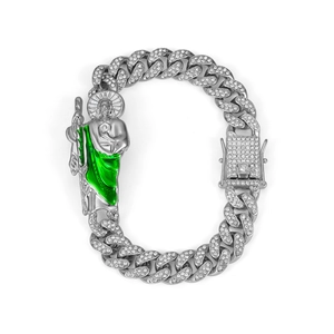 Silver Cuban link bracelet with Saint Jude charm, green enamel and clear crystals
