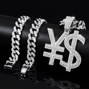 Iced Out Dollar Yen Symbol Pendant Necklace Hip Hop Bling Rhinestone Alloy Cuban Chain For Men Women Streetwear Jewelry