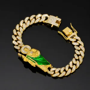 Hip Hop Men St Jude San Judas Tadeo Pendant Cuban Link Bracelet Zinc Alloy Rhinestone Inlaid Green Enamel Religious Jewelry