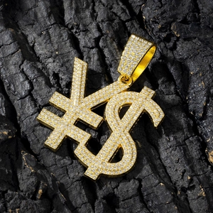 Iced out dollar and yen sign money pendant on Cuban link chain with gold plating