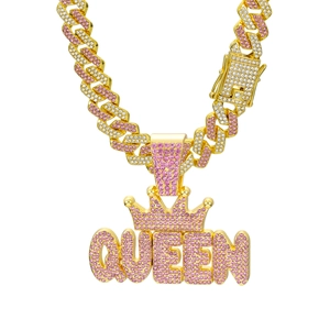 Rosafarbene Diamantkrone QUEEN Kubanische Kette mit vergoldetem Hip-Hop-Design