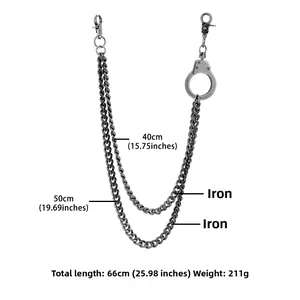 Double-layer silver iron pants chain with handcuffs decor showing detailed measurements
