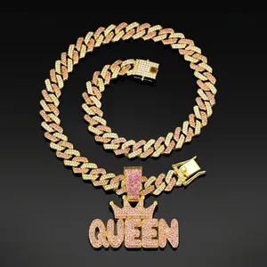 Hip Hop Queen Buchstaben Krone Anhänger Panzerkette Halskette Gold Silber Galvanisiert Pink Strass Eingelegt Damen Schmuck