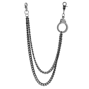 Double-layered retro silver wallet chain with handcuffs pendant and lobster clasps