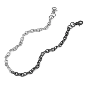 Detailed macro view of two-tone metal pant chain with lobster clasps in silver and gunblack