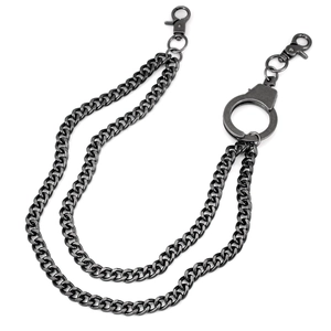 Double-layered hip-hop pant chain in matte dark grey with handcuffs pendant and lobster clasps