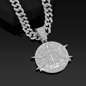 Detailed macro view of the King of Kings pendant with silver iced out micro pave crystals