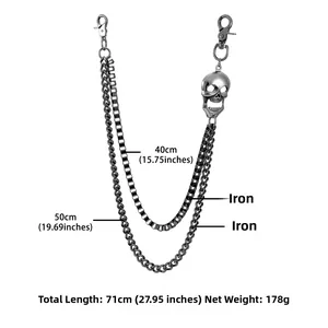 Detail view of punk hip hop double-layered iron pants chain with skull pendant and spring hooks