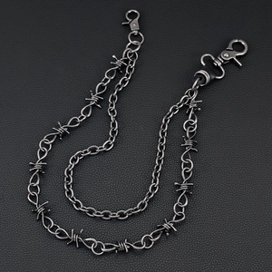 Double-layer gunmetal hip hop wallet chain with punk barbed wire details and lobster clasps