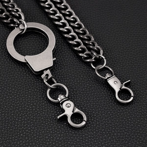 Punk style double layered silver pant chain with handcuff charm on black leather