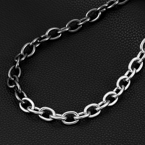 Macro detail of high-polished silver oval link chain on premium black leather