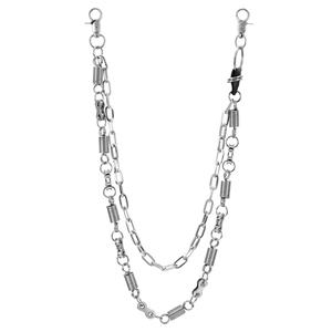 Double-layered silver biker wallet chain with spring links and lobster clasps on white background