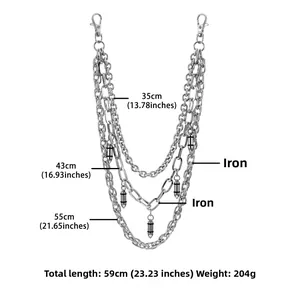 Detailed specs of a triple-layered silver chain with bullet charms and lobster clasps