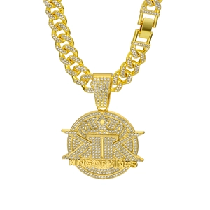 Hip hop gold Cuban chain necklace with iced out King of Kings crown round pendant