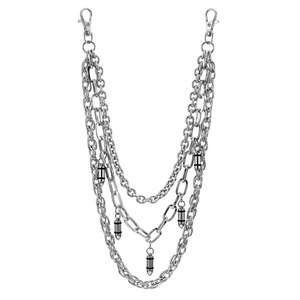 Three-layer silver metal pants chain with bullet pendants and lobster clasps for hip hop style
