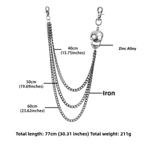 Three-layer punk jeans chain with silver metal links, skull charm, and lobster clasps