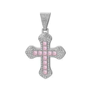 Detailed close-up of a silver cross pendant featuring pink square stones and micro pavé