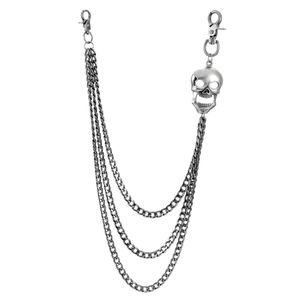 Three-layer punk denim wallet chain with silver finish and skull charm for men and women