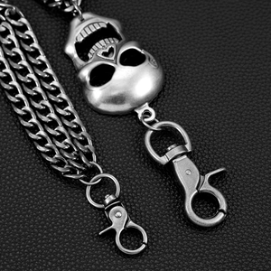 Punk style three-layer silver metal pants chain featuring heart-nose skull pendant