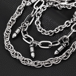 Three-layer silver metal pants chain with bullet pendants in street hip-hop style