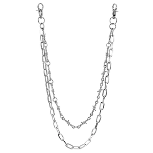 Double-layer silver metal wallet chain with heavy link and barbed wire punk style design