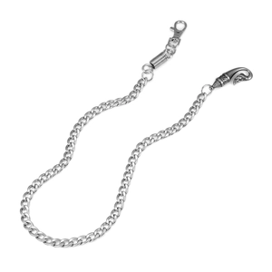 Detail of silver gothic engraved lobster clasp on a punk style long wallet chain