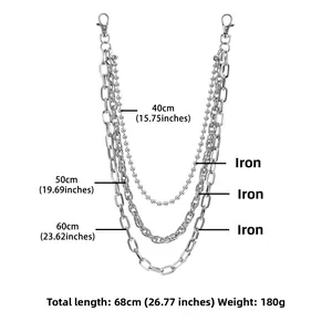 Three-layer silver punk hip-hop trousers chain showing dimensions and metal textures