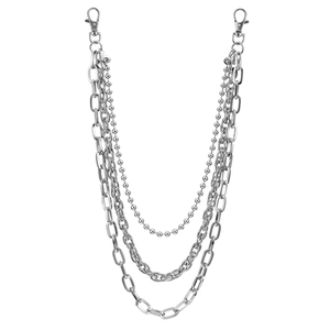 Three-layer silver metal pants chain featuring beaded and cuban links for streetwear style