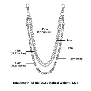 Detailed view of triple-layer silver metal pants chain with heavy-duty lobster clasps
