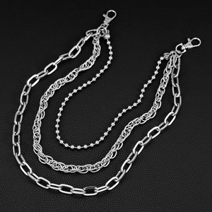 Three-layer silver metal pants chain with punk style links on black leather