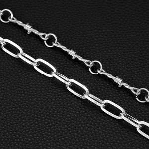 Detail of silver dual-layer hip hop jeans chain with thorn and paperclip link designs