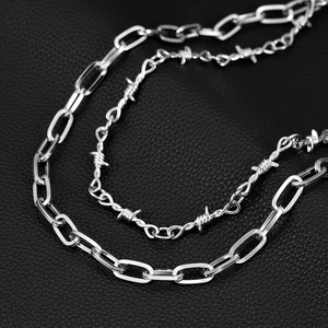 Double-layered silver hip hop pants chain with paperclip and barbed wire design elements