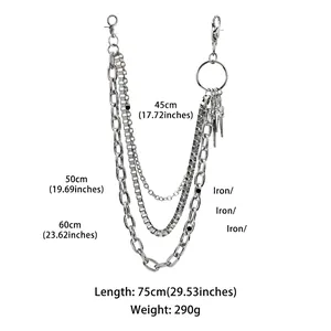 Three-layer silver metal hip hop wallet chain with skull cross and dagger charms