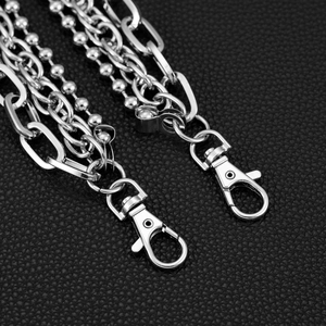 Three-layer silver metallic pant chain with round beads and oval links for unisex hip-hop style