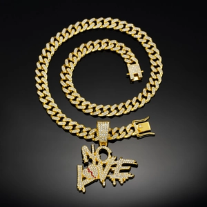 Collier chaîne cubaine dorée hip hop avec pendentif coeur brisé NO LOVE pour hommes
