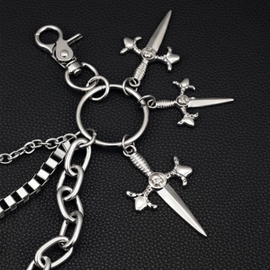 Punk triple layered silver metal trouser chain with dagger charms and skull cross details