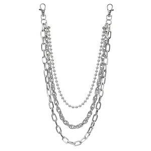 Triple Layer Silver Metal Waist Chain Punk Hip-Hop Streetwear Trouser Link Chain With Lobster Clasp Unisex Fashion Accessory