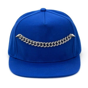 Dark blue snapback hat with silver hip-hop metal chains and studded spikes