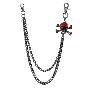 Detail of double-layer punk wallet chain with red-eyed skull and crossbones charm