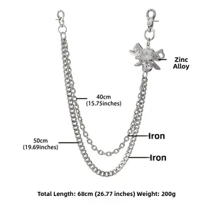 Double-layered hip hop silver pant chain with zinc alloy skull cross pendant and lobster clasps