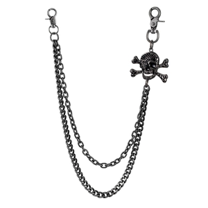 Close-up of double-layer punk waist chain with lobster clasps and a skull pendant