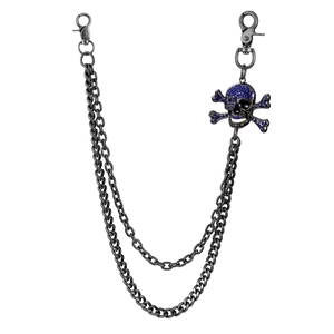 Close-up of double-layer punk waist chain with blue rhinestone skull and crossbones