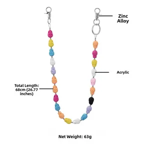 Detail view of colorful acrylic skull chain with zinc alloy clasps and 68cm dimensions