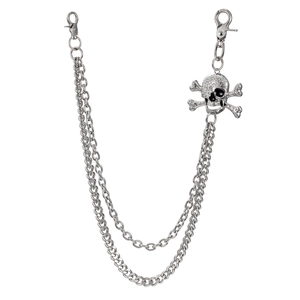 Detail of punk double-layer metal wallet chain with a crystal-studded skull pendant