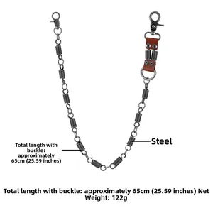 Industrial steel wallet chain with spring rings and brown leather detail, 65cm length