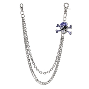 Detail showing double-layer silver punk wallet chain with blue rhinestone skull pendant