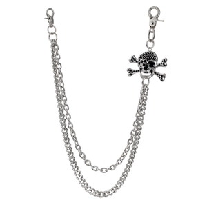 Detail of punk silver hip-hop pants chain with crystal skull and crossbones charm