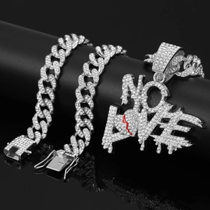 Pendentif cœur NO LOVE glacé avec chaîne cubaine et ensemble bracelet style hip hop