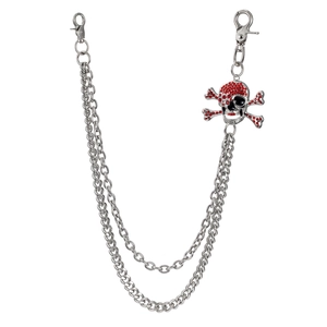 Punk silver double layer pant chain with red diamond skull pendant and lobster clasps