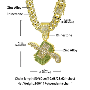 Collier hip hop pendentif dollar avec ailes et cristaux, détails dimensions et poids